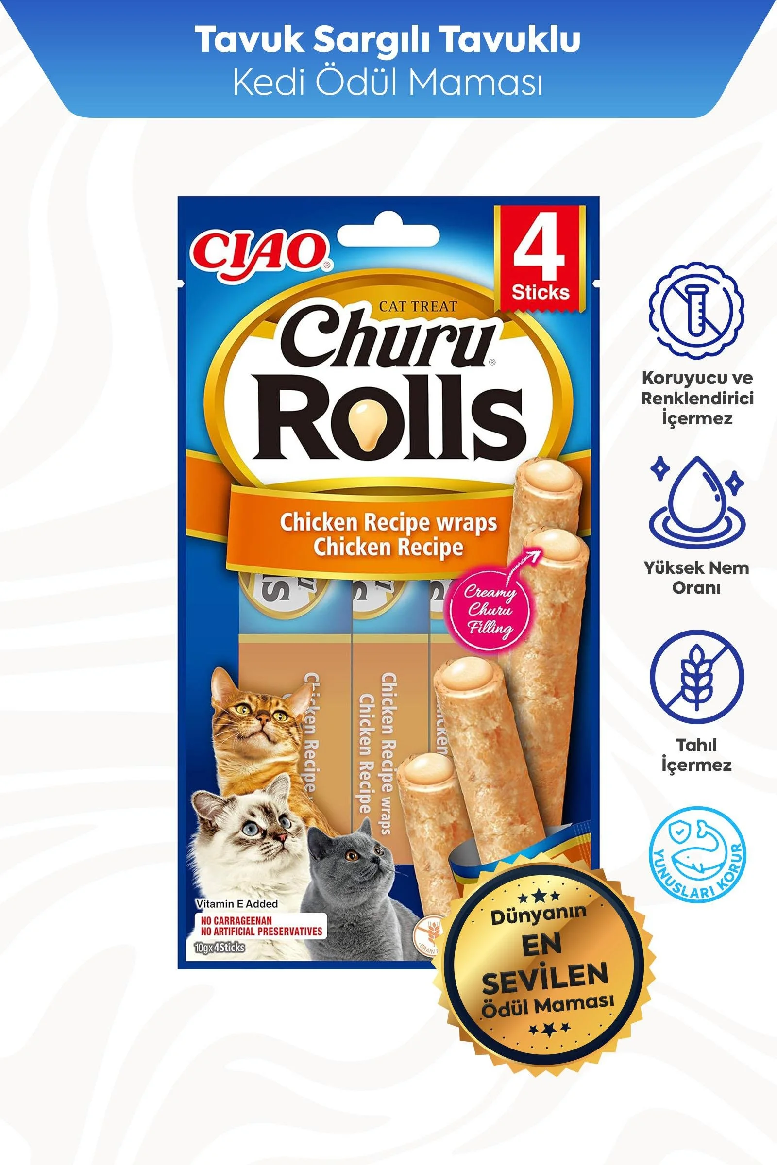 CİAO CHURU ROLLS STİCKS TAVUK SARGILI KEDİ ÖDÜL MAMASI 4 X 10 GR*12