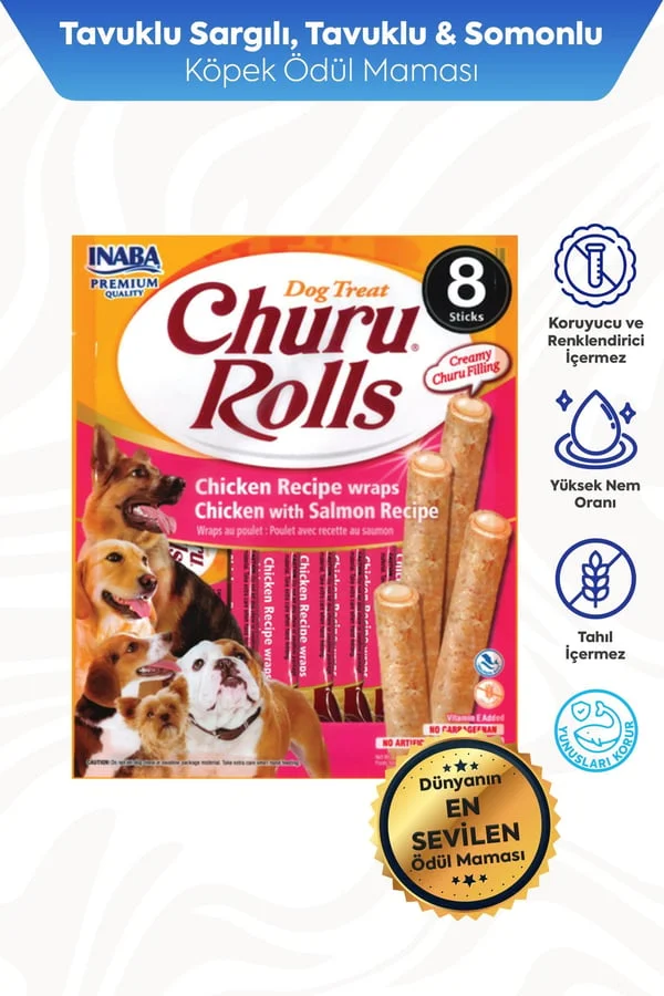 CHURU ROLLS STİCKS TAVUK SARGILI & SOMONLU KÖPEK ÖDÜL MAMASI 12GR*6