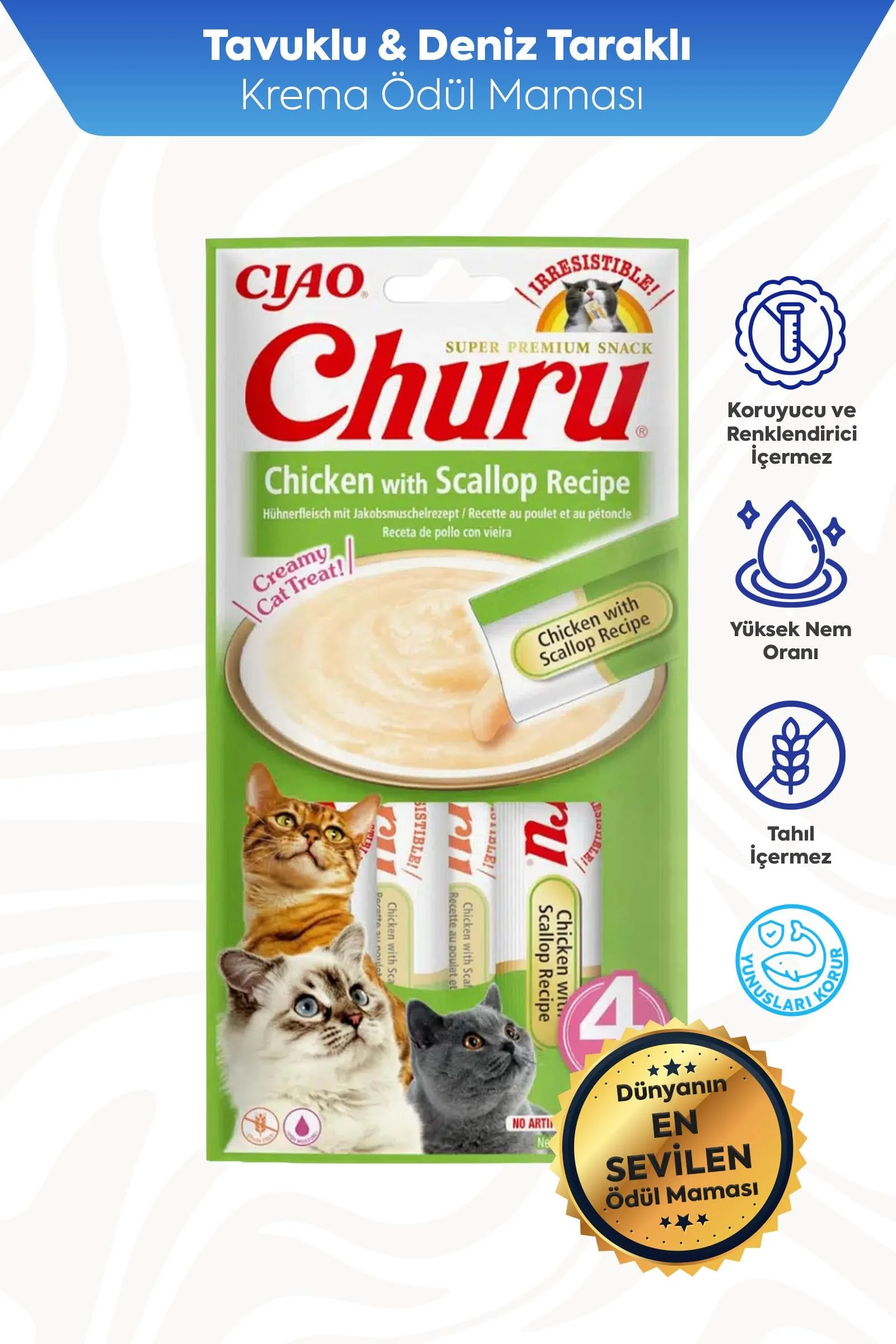 CİAO CHURU CREAM TAVUKLU VE DENİZ TARAKLI KEDİ ÖDÜL KREMASI 4 X 14 GR*12