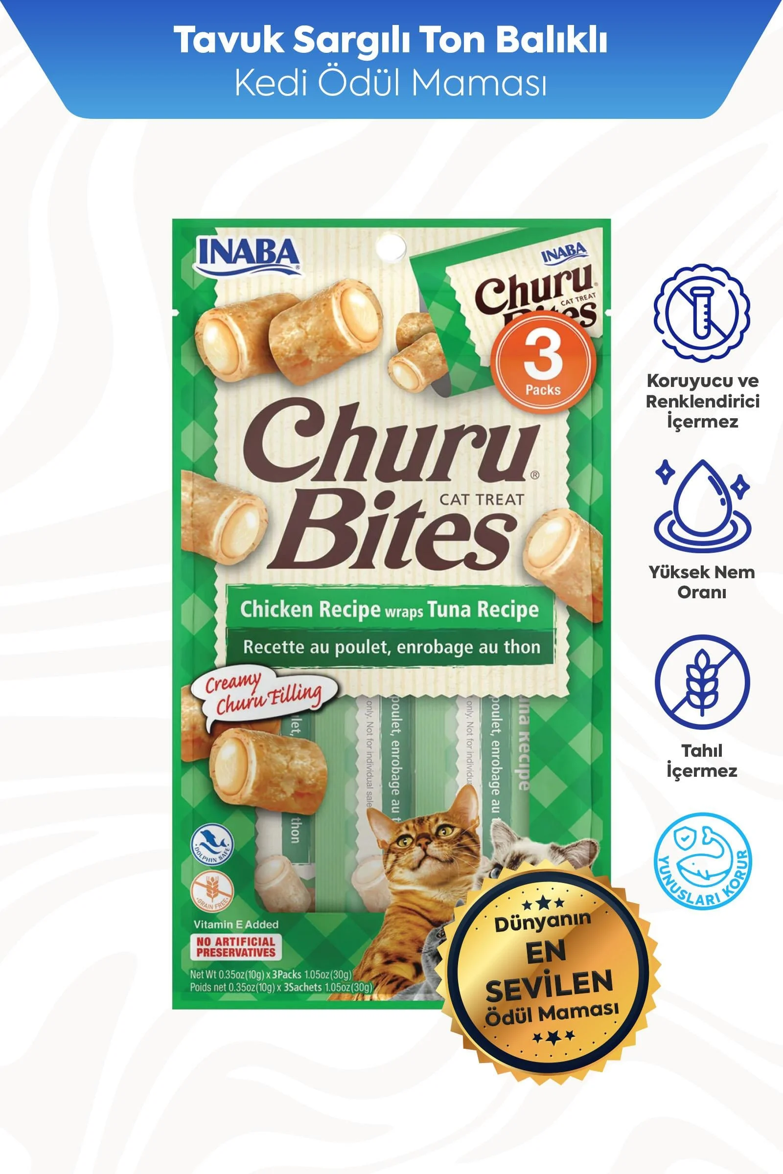 CİAO CHURU BİTES TAVUK SARGILI VE TON BALIKLI KEDİ ÖDÜL MAMASI 3 X 10 GR*12