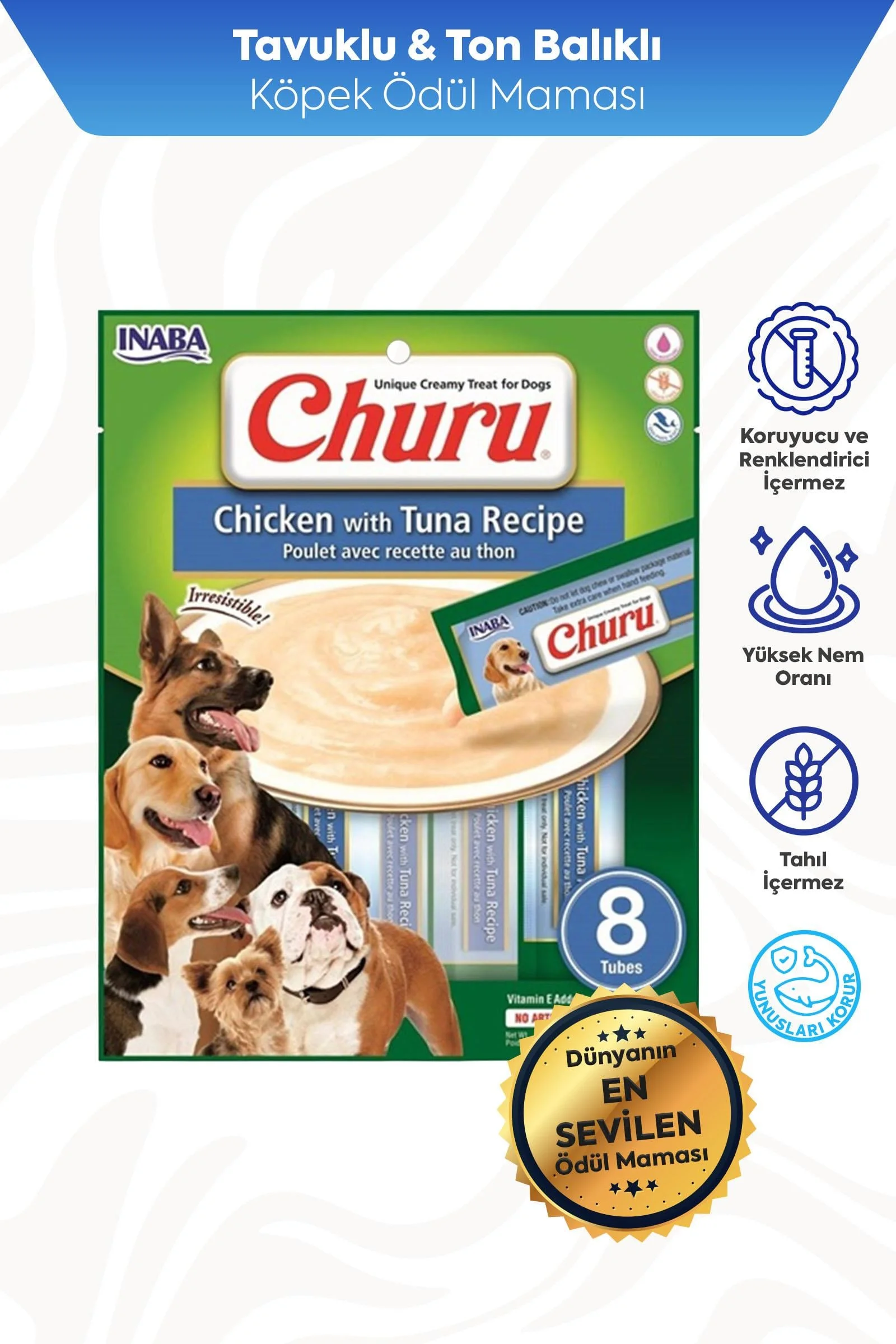 INABA CİAO CHURU TON BALIKLI VE TAVUKLU TAMAMLAYACI KÖPEK ÖDÜL MAMASI 8 X 20 GR*8