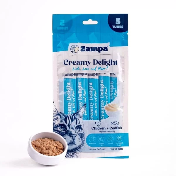 ZAMPA CREAMY DELİGHT TAVUKLU & MORİNA BALIKLI KEDİ KREMA ÖDÜL MAMASI 16G X 5*10