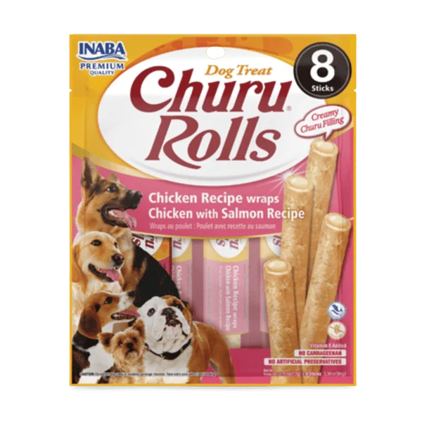 CHURU ROLLS STİCKS TAVUK SARGILI & SOMONLU KÖPEK ÖDÜL MAMASI 12GR*6