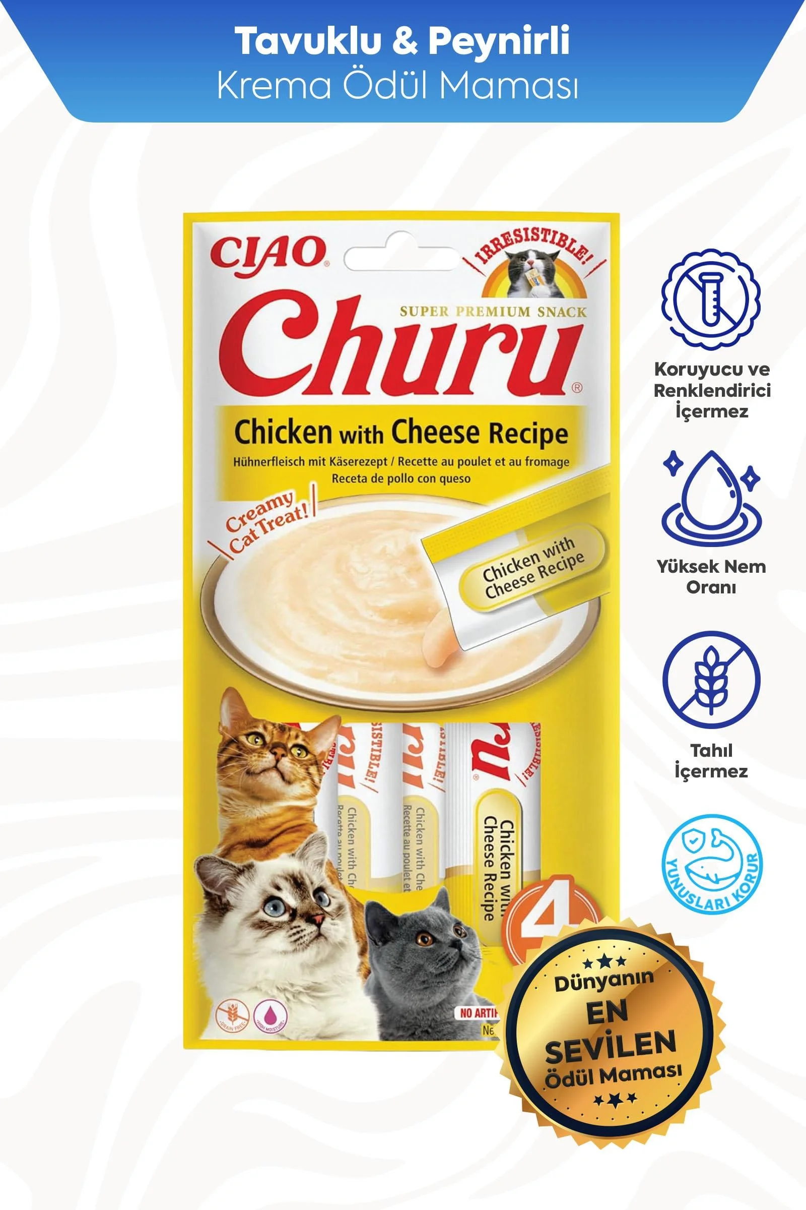 CİAO CHURU CREAM TAVUKLU VE PEYNİRLİ KEDİ ÖDÜL KREMASI 4 X 14 GR*12