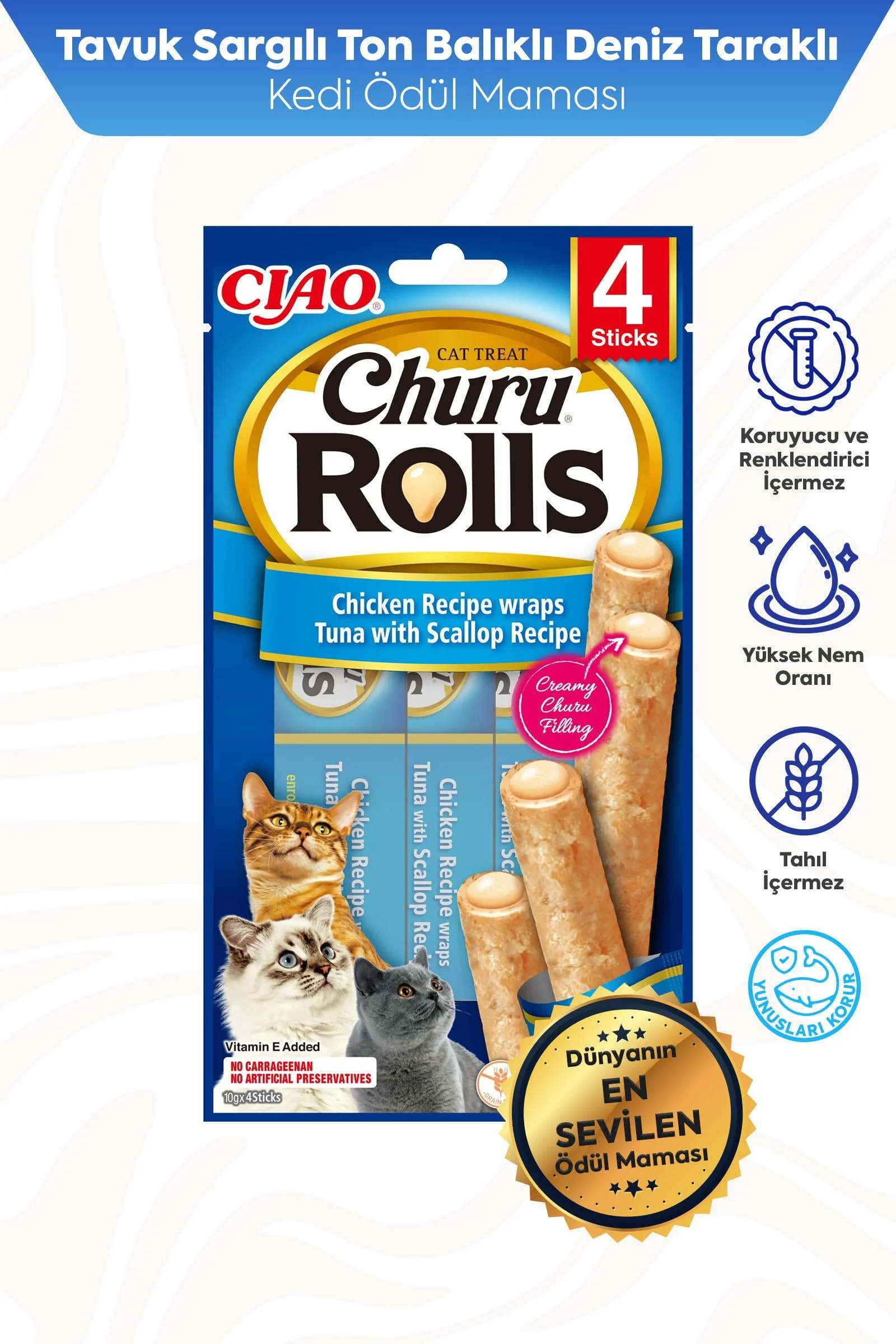 CİAO CHURU ROLLS STİCKS DENİZ TARAKLI, TAVUK SARGILI VE TON BALIKLI KEDİ ÖDÜL MAMASI 4 X 10 GR*12