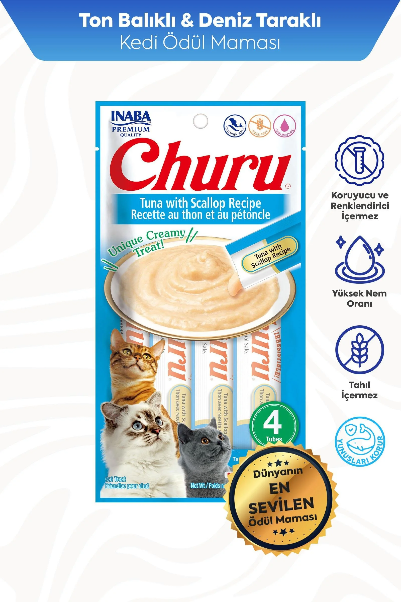 CİAO CHURU CREAM TON BALIKLI VE DENİZ TARAKLI KEDİ ÖDÜL KREMASI 4 X 14 GR*12