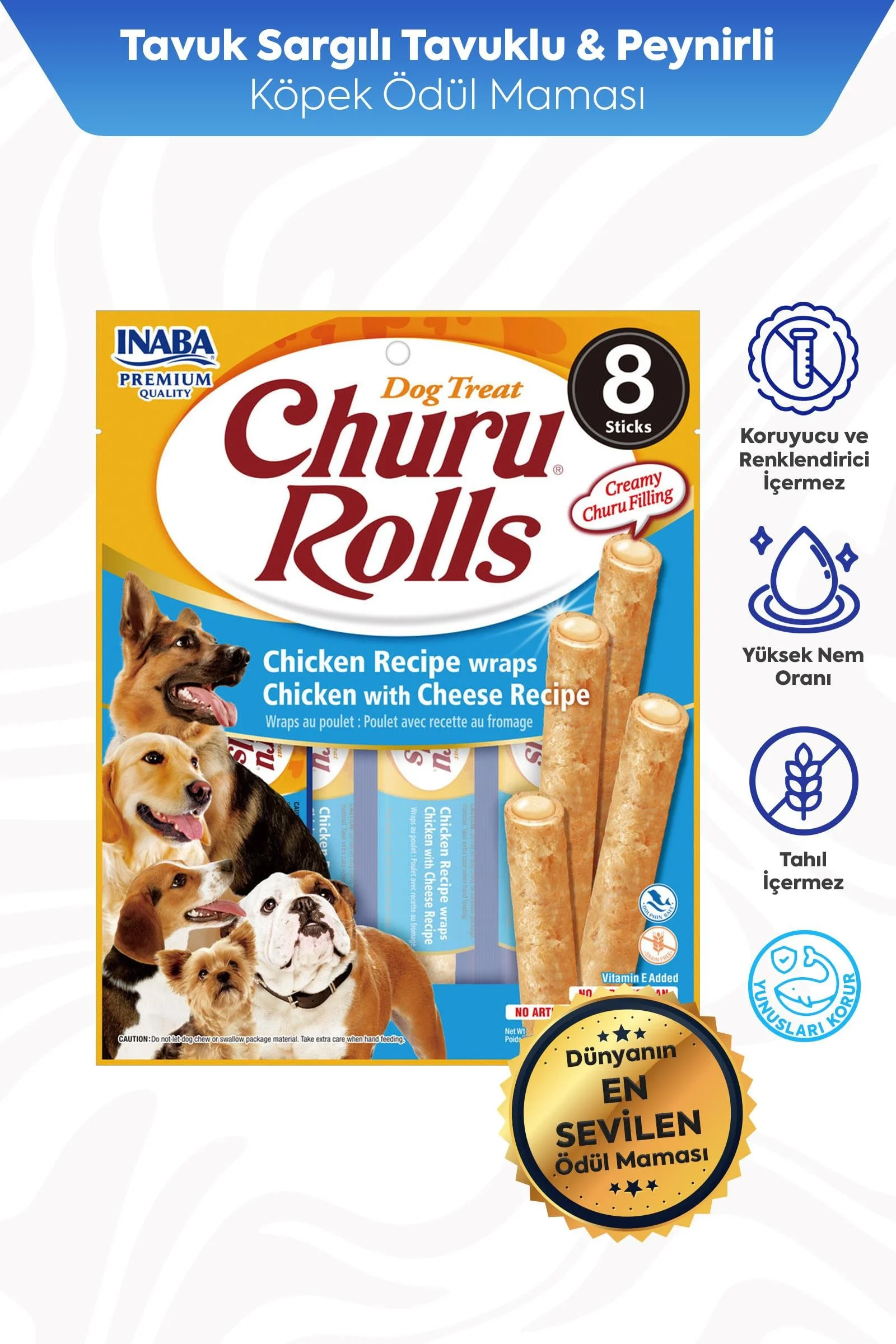 CHURU ROLLS STİCKS TAVUK SARGILI & PEYNİRLİ KÖPEK ÖDÜL MAMASI 12GR*6