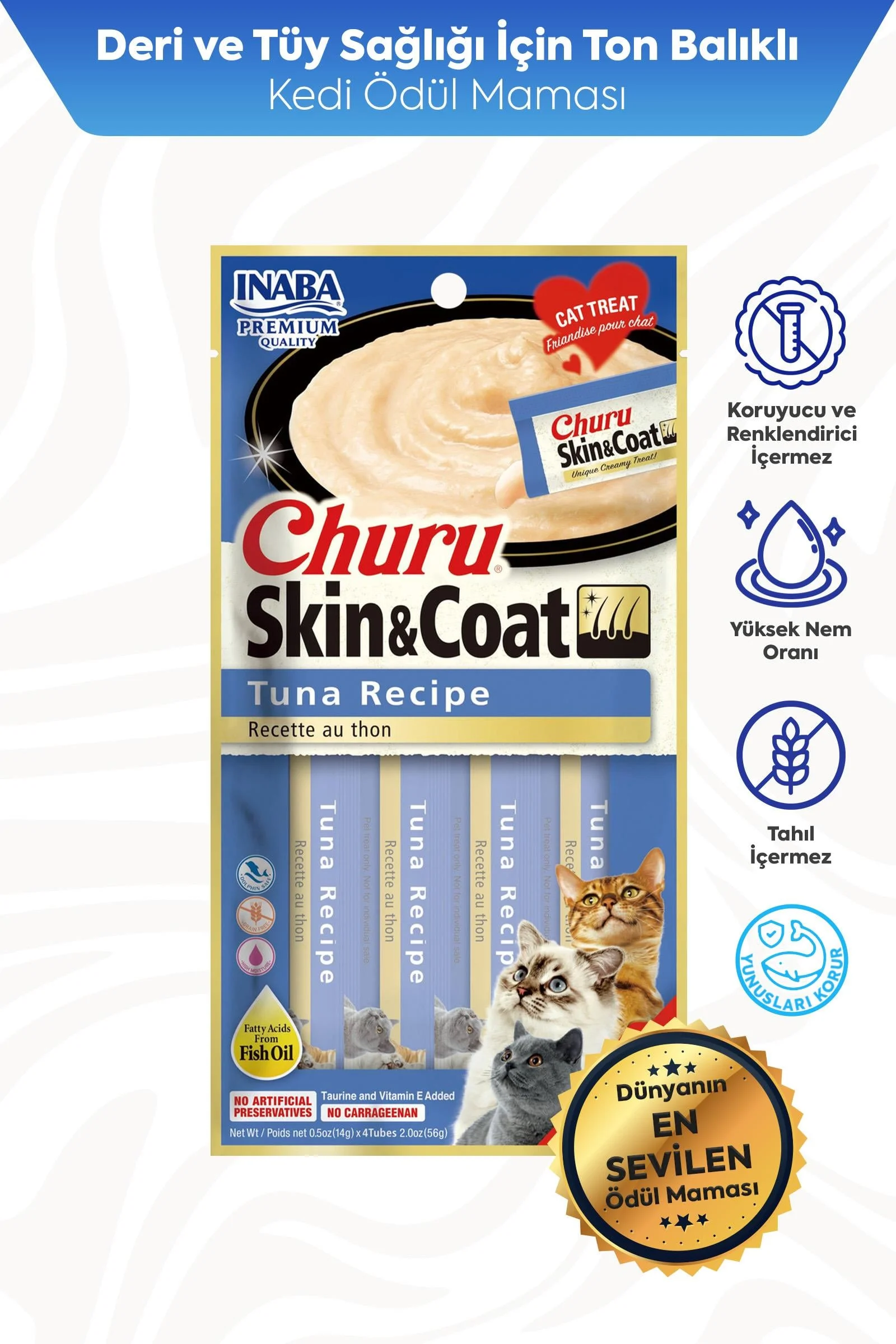 CİAO CHURU SKİN&COAT -CİLT VE TÜY SAĞLIĞI- TON BALIKLI ÖDÜL MAMASI 4 x 14 Gr*12