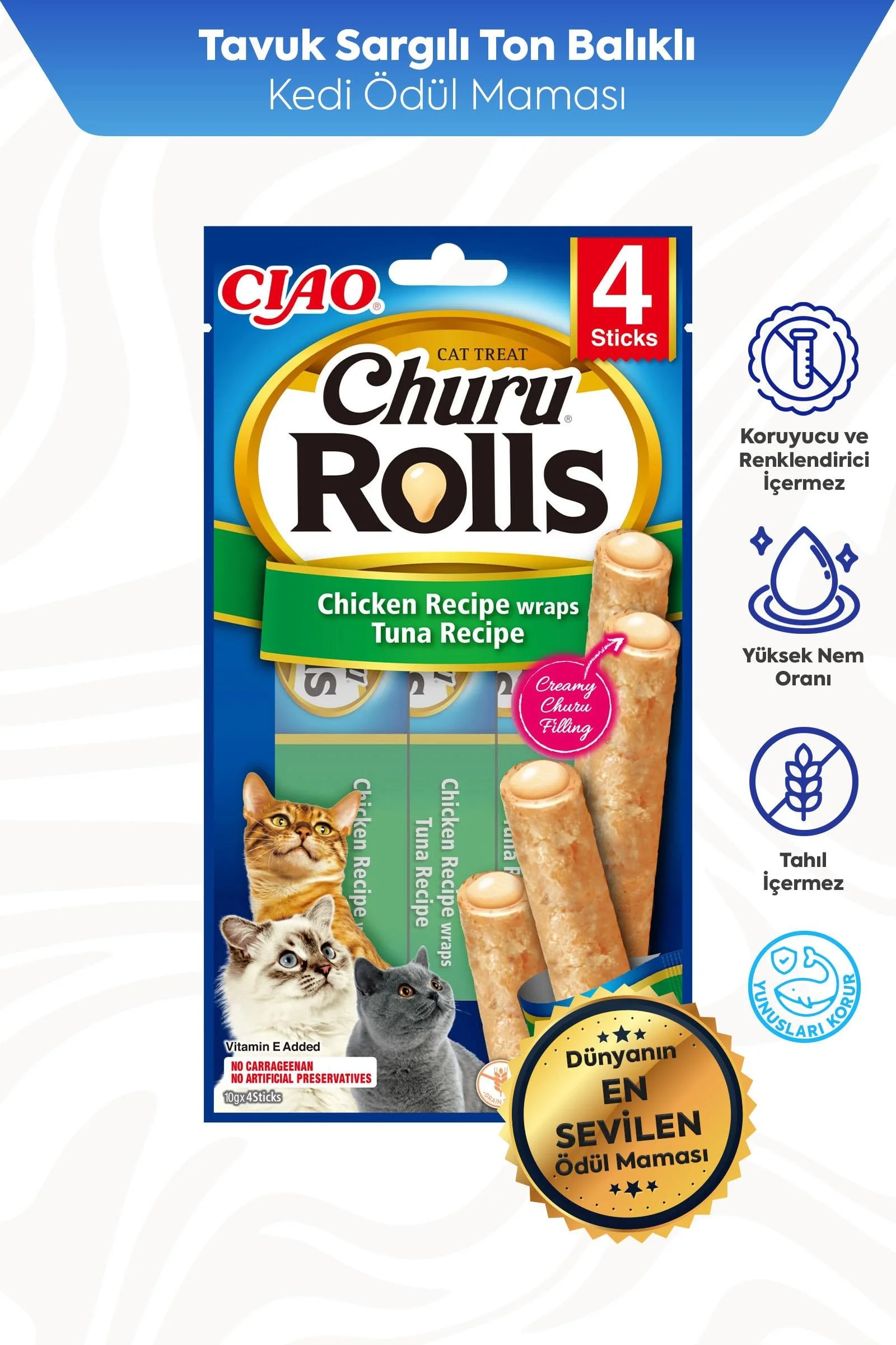CİAO CHURU ROLLS STİCKS TAVUK SARGILI & TON BALIKLI KEDİ ÖDÜL MAMASI 4 X 10 GR*12