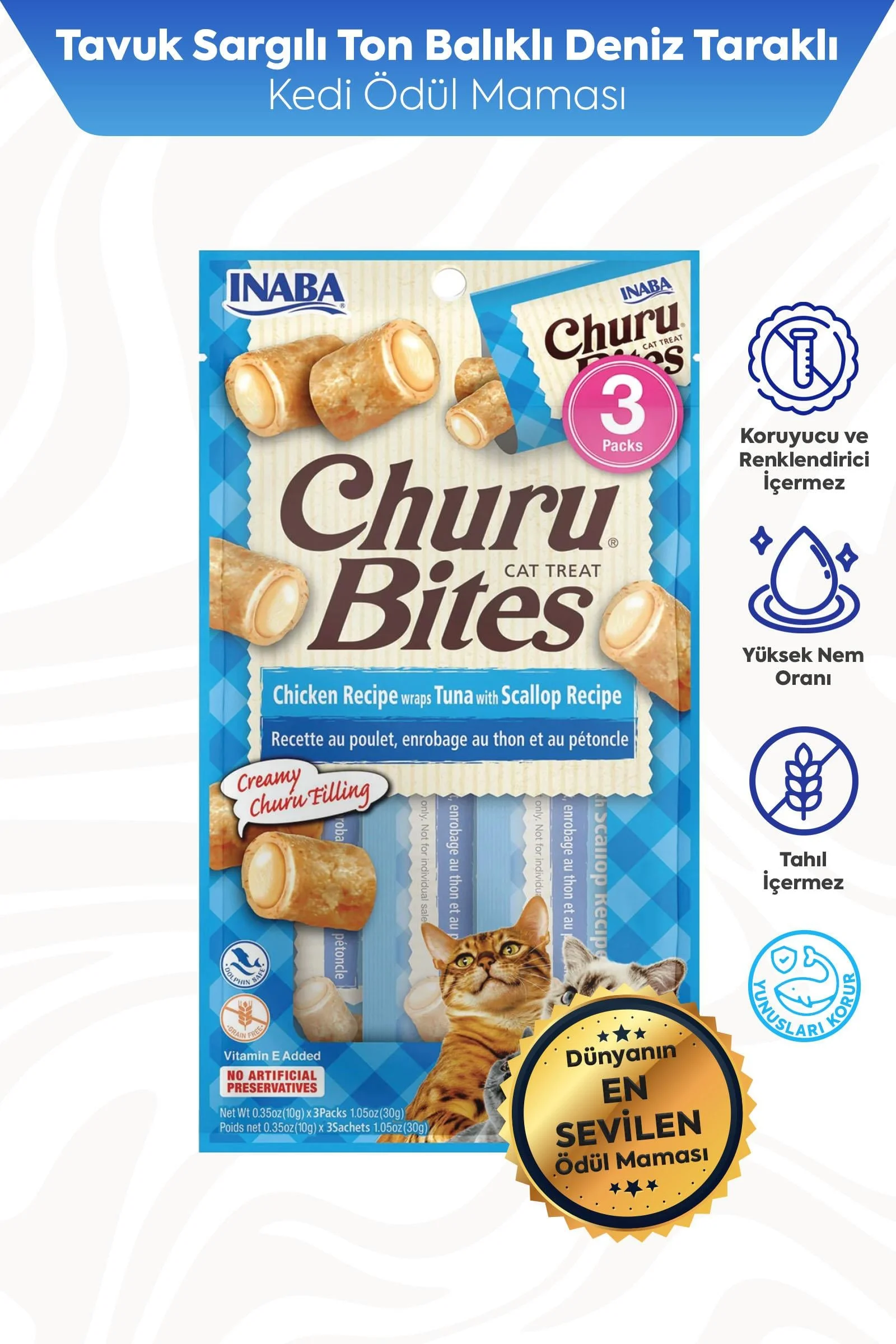 CİAO CHURU BİTES TAVUK  SARGILI, DENİZ TARAKLI VE TON BALIKLI KEDİ ÖDÜL MAMASI 3 X 10 GR*12