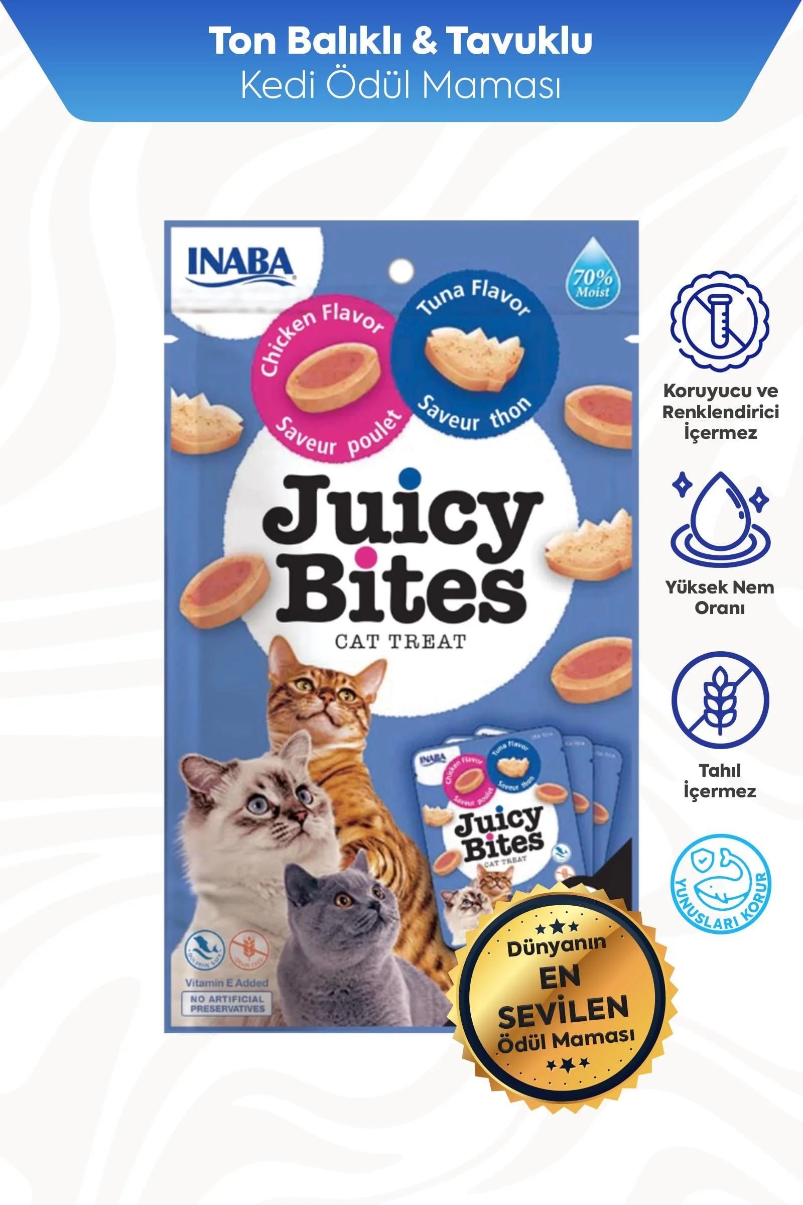 INABA JUİCY CHURU BİTES TAVUKLU VE TUNA BALIKLI KEDİ ÖDÜL MAMASI 11,3 GRX3*6