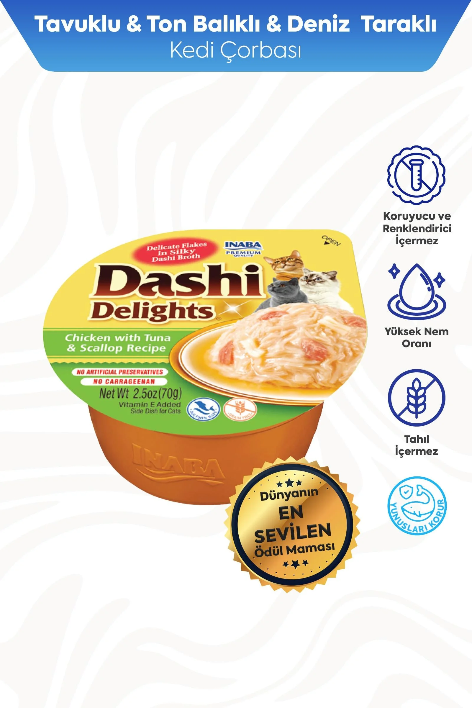 CİAO DASHİ CHURU DELİGHTS TAVUK & TON BALIĞI VE DENİZ TARAKLI KEDİ ÇORBASI 70 GR*6