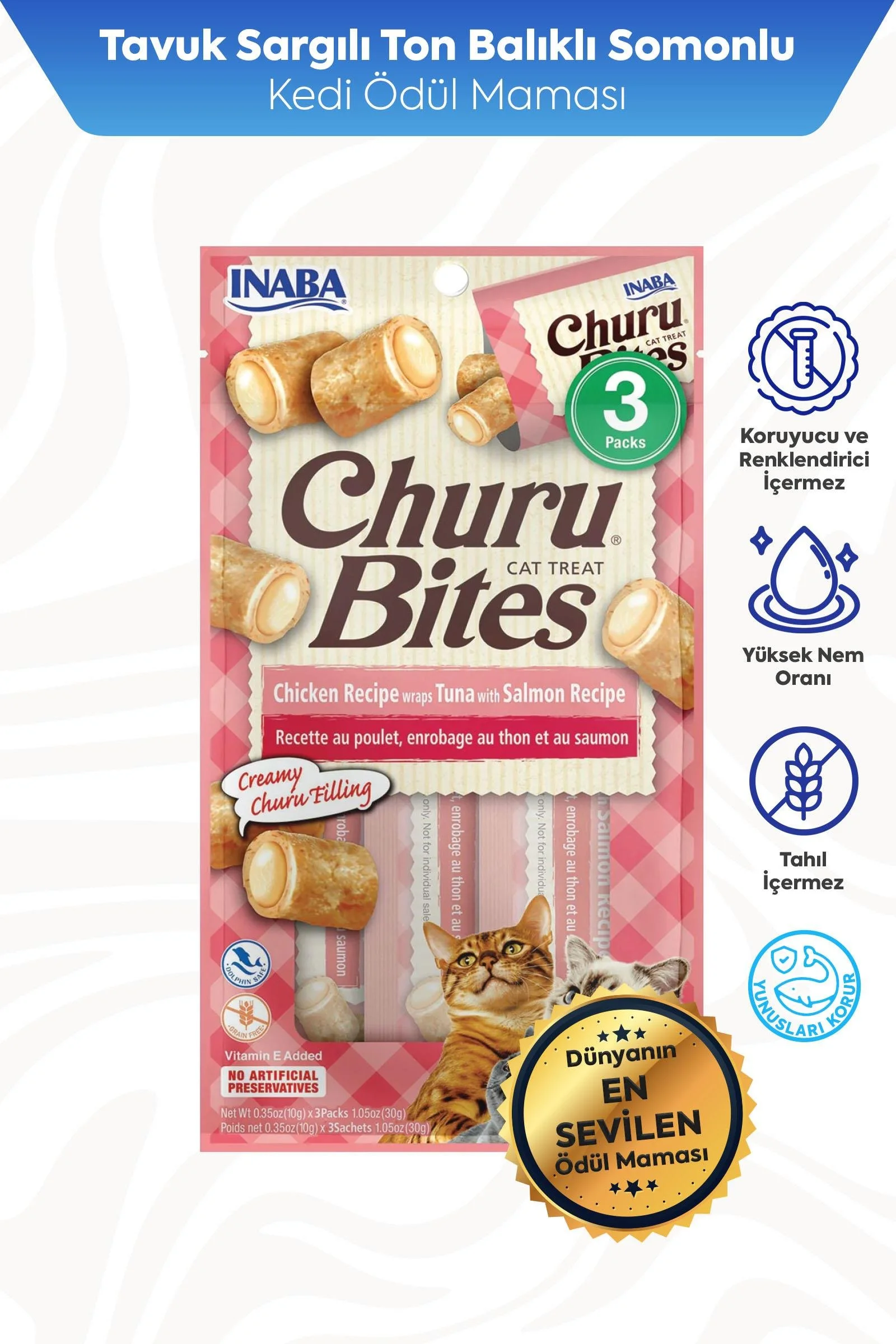 CİAO CHURU BİTES TAVUK SARGILI , TON BALIKLI VE SOMONLU KEDİ ÖDÜL MAMASI 3 X 10 GR*12