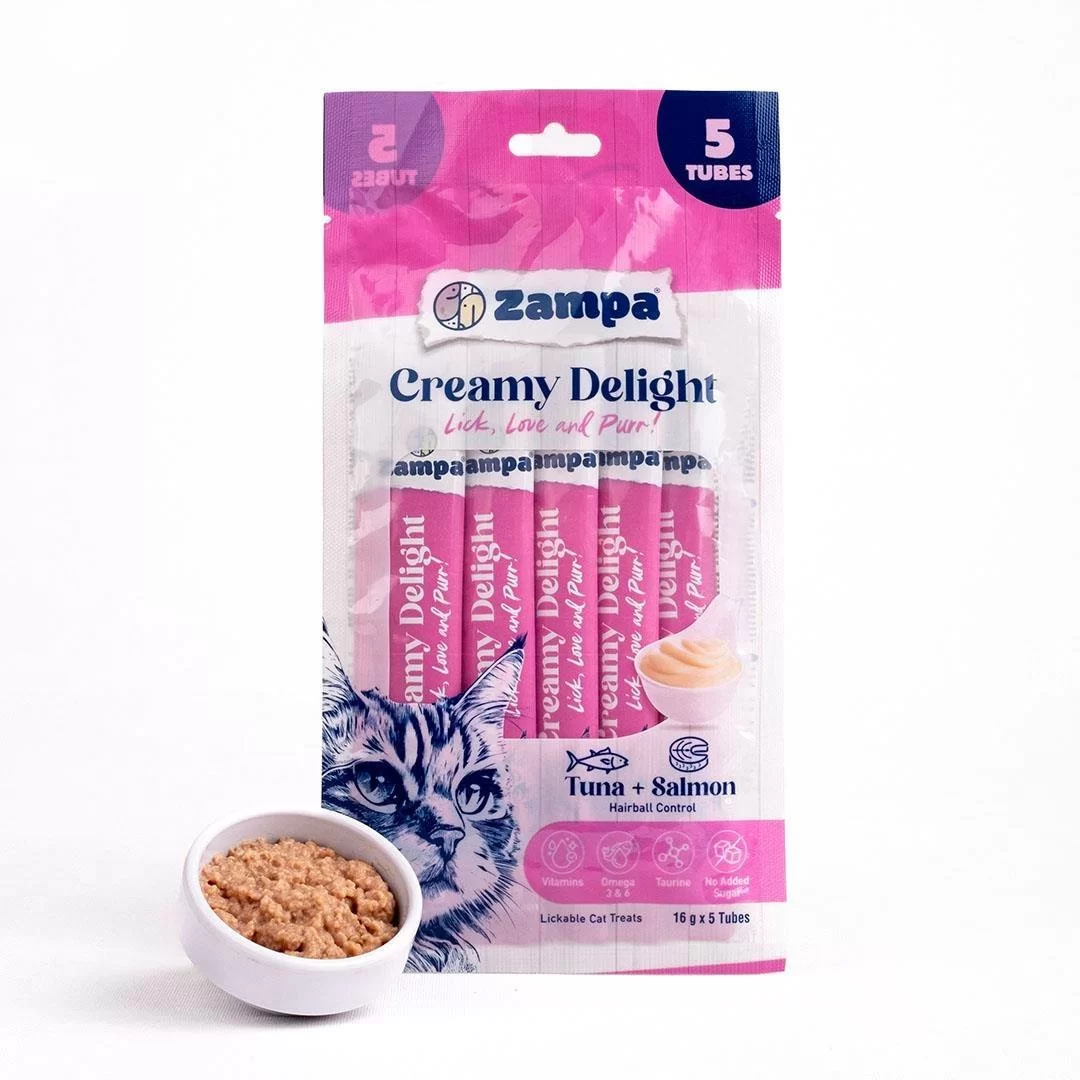 ZAMPA CREAMY DELİGHT TON BALIKLI & SOMONLU KEDİ KREMA ÖDÜL MAMASI 16G X 5*10